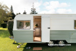 Caravan, green and white caravan, caravan featuring Resene Half Orchid and Resene Spanish Green