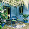 blue exterior, blue house, painted exterior, blue and green paint, courtyard, lime green 