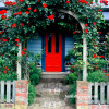 red door, front door, painted exterior, archway entrance, blue paint, read paint, exterior entrance