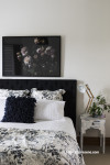 bedroom, white bedroom, black and white bedroom, floral inspired bedroom