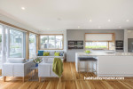 white kitchen, grey kitchen, grey feature wall, neutral kitchen, marble benchtop, grey and white 