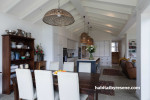 white dining room, open plan living, white kitchen, renovated bungalow, resene half bianca