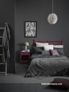 bedroom, tropical bedroom, grey bedroom, grey and pink, dark bedroom, resene bokara grey