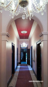 hallway, entranceway, red ceiling, salmon paint, interior design, painted ceiling 