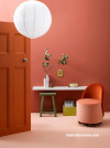 sitting room, study, home office, pink feature wall, pink room, pink floor, orange door