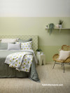 green bedroom, green feature wall, striped wall, green striped wall, green gradient wall