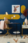 blue walls, dark paint, paint feature, paint mural, home office, study nook, small space